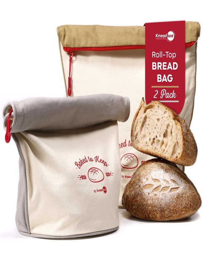 KNEADACE Bread Bags for Homemade Bread -Stylish Sourdough Bread Storage with Roll-Top Design, 100% Cotton & Food-Safe Lining, Eco-Friendly, Gift For Bakers & Home Bakers (2 Pack) - Image 1